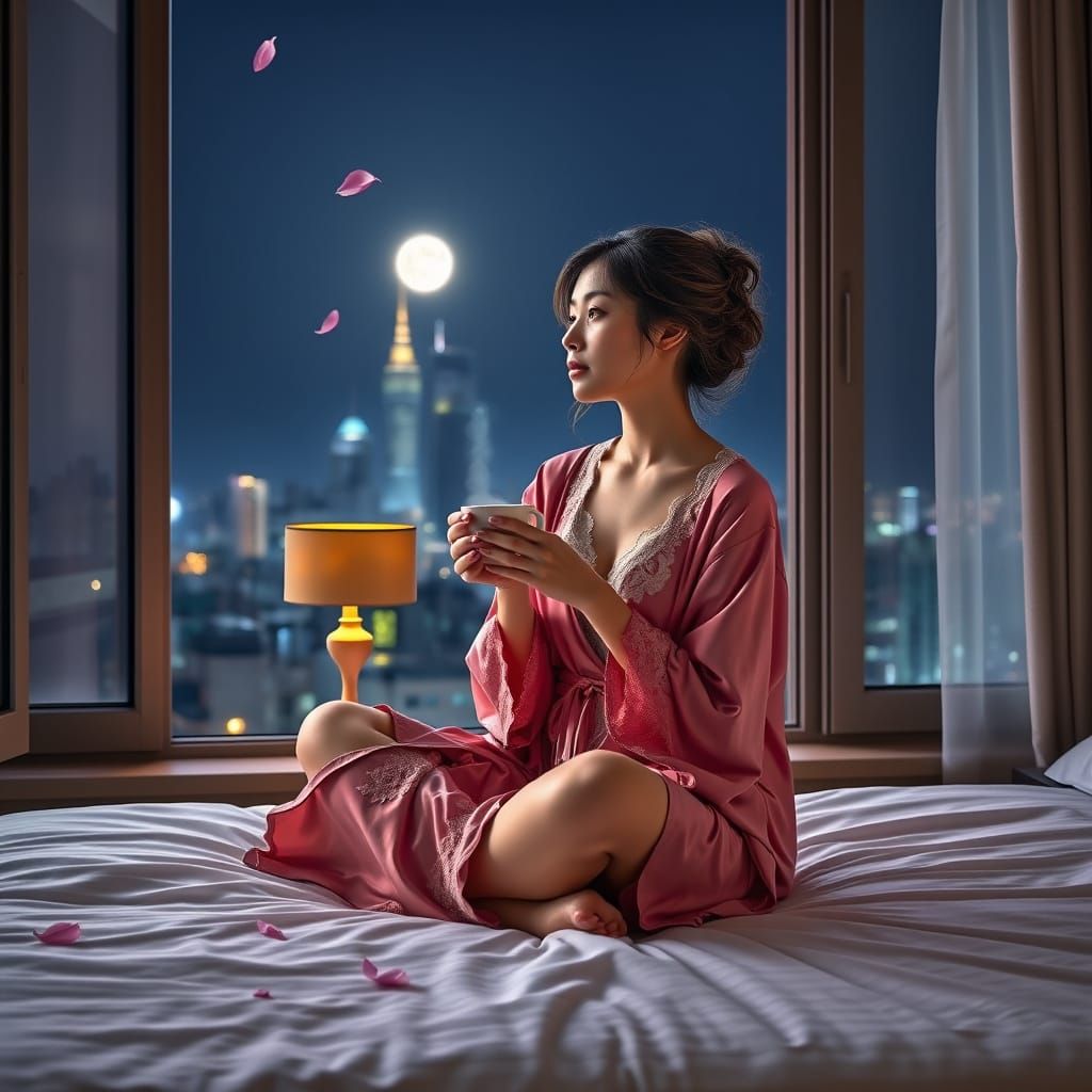 Woman in Silk Robe Gazing at Cityscape at Night