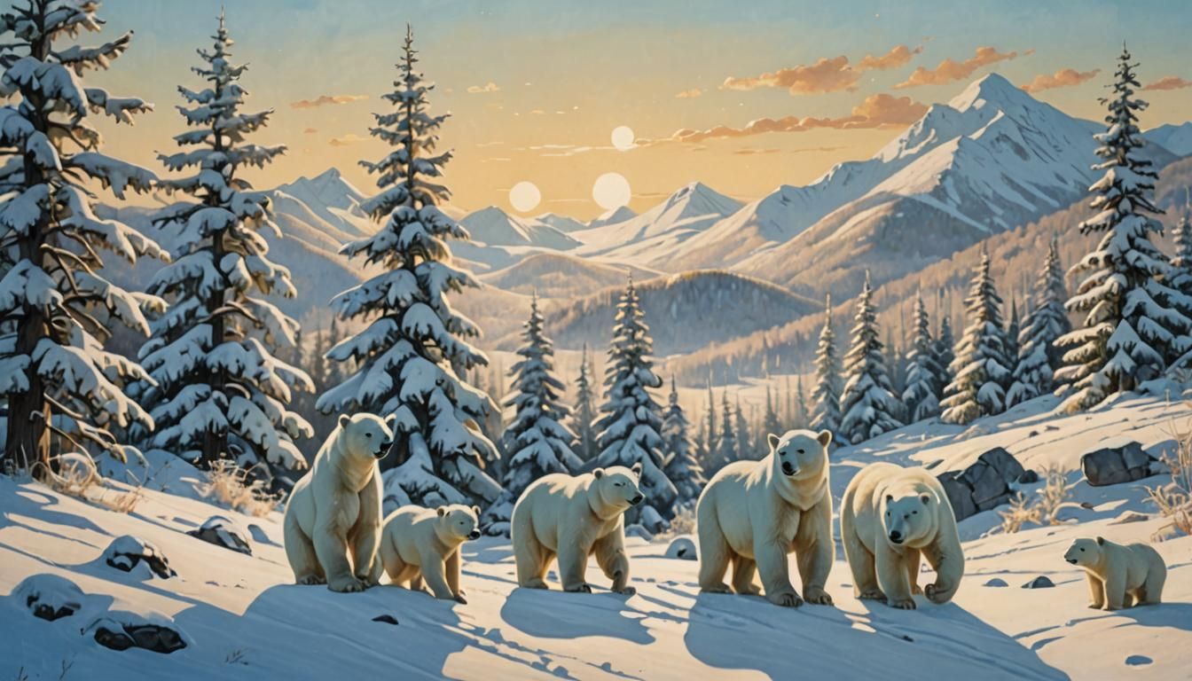 Polar Bears Create a Joyful Snowman Scene in a Winter Wonder...