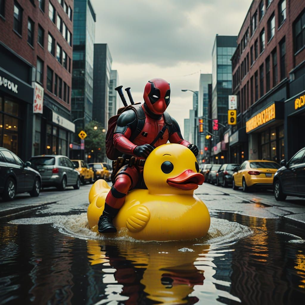 Deadpool Rides a Giant Yellow Rubber Duck in Cinematic Style