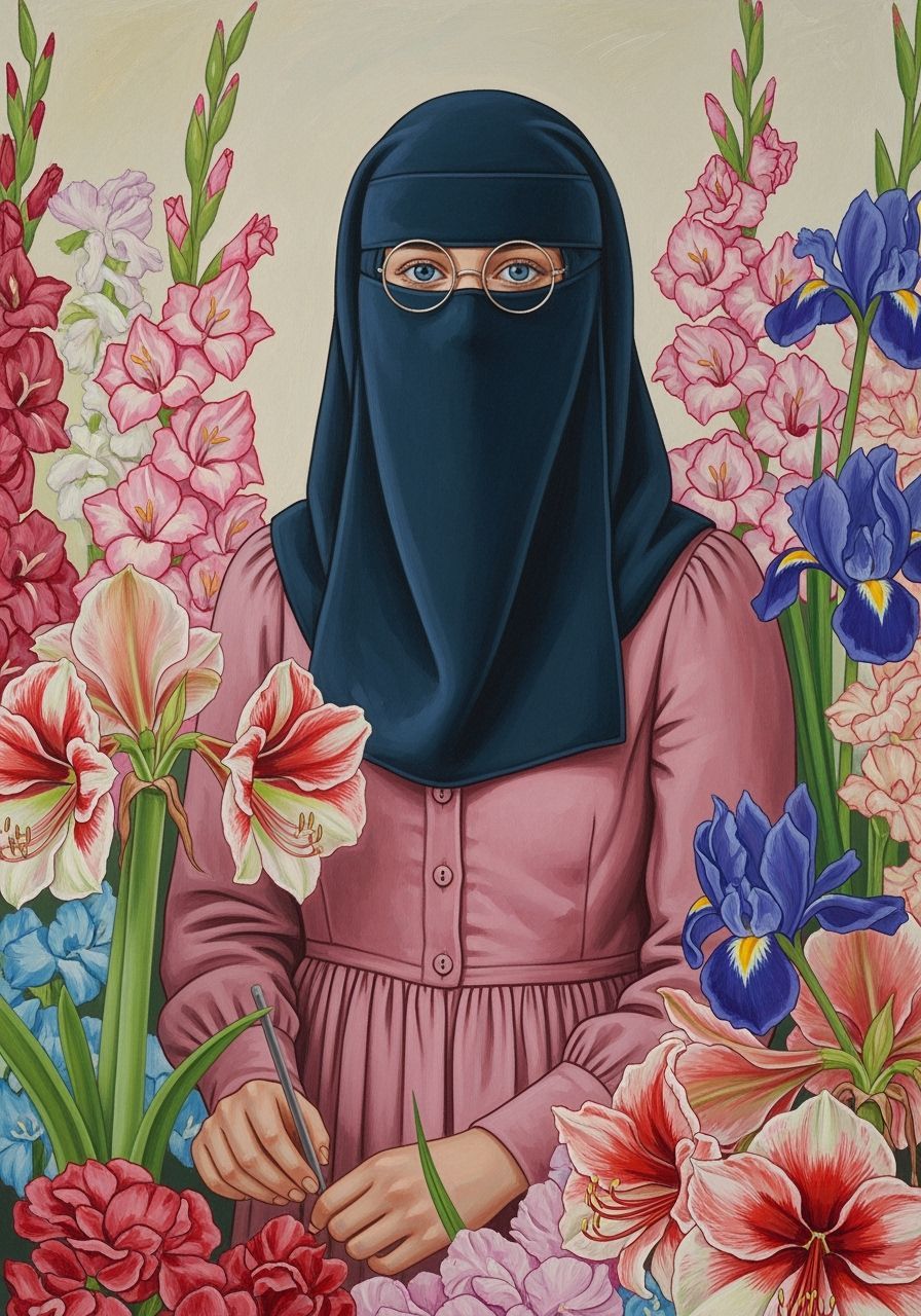 Swedish Niqabi Florist Among Vibrant Amaryllis Flowers