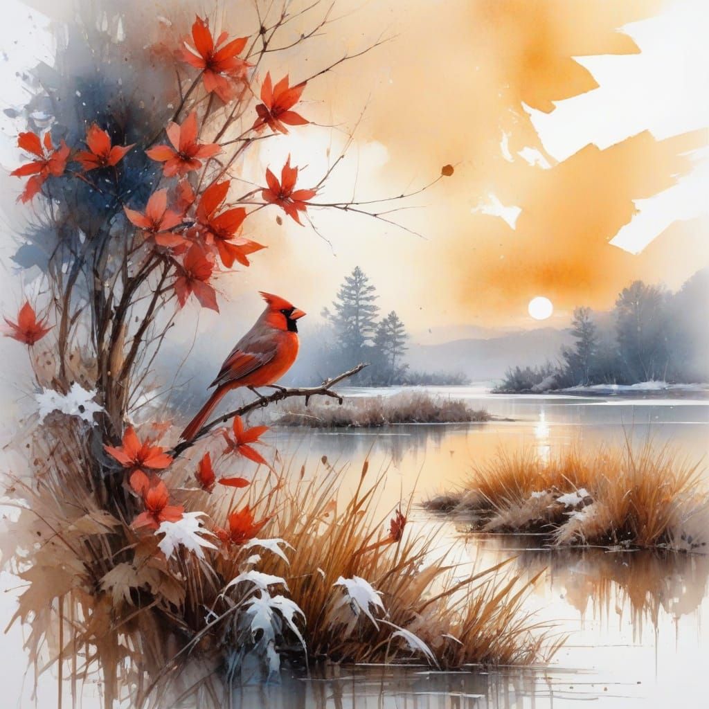 Winter Lake: Watercolor Scene with Red Cardinal