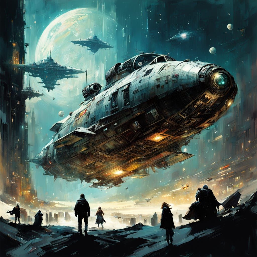 Retro Futuristic Spaceship Blazes Across Cosmic Canvas