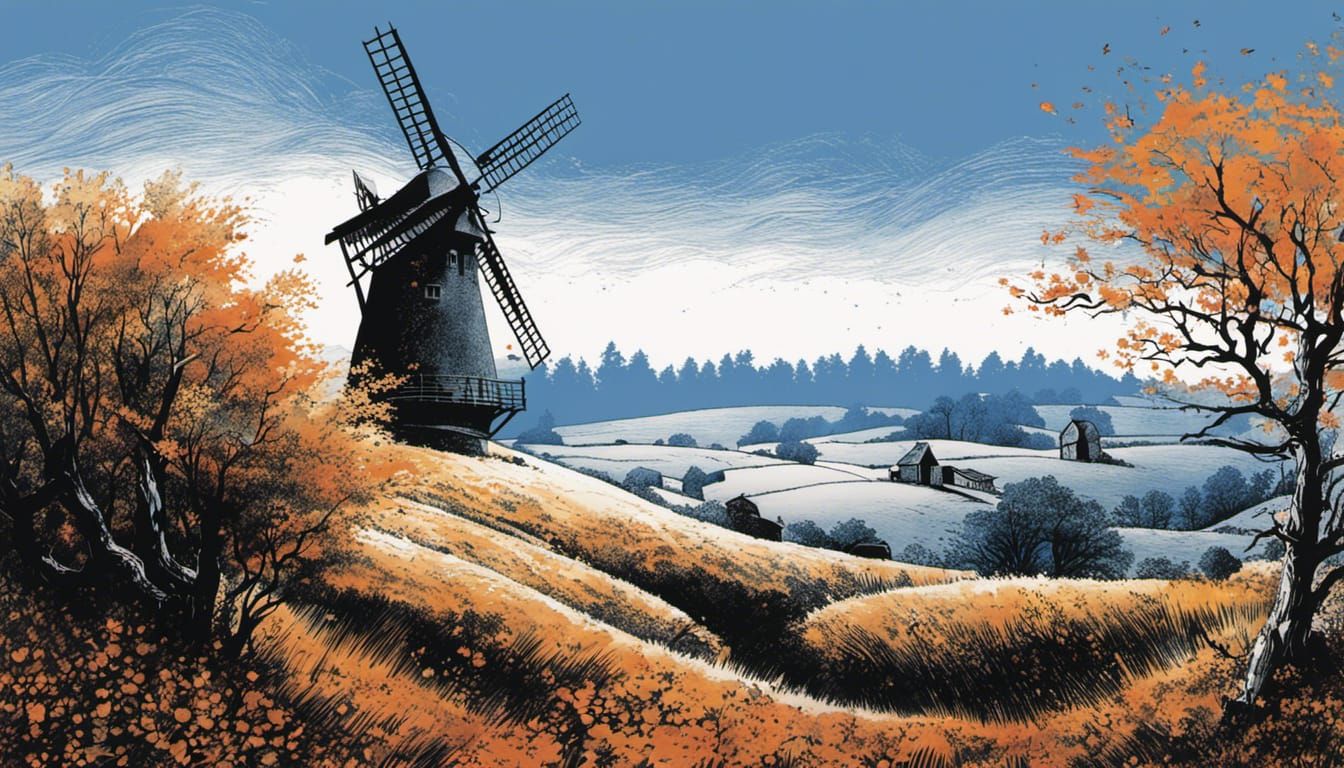 Autumn Windmill Landscape in Vibrant Blue Ink