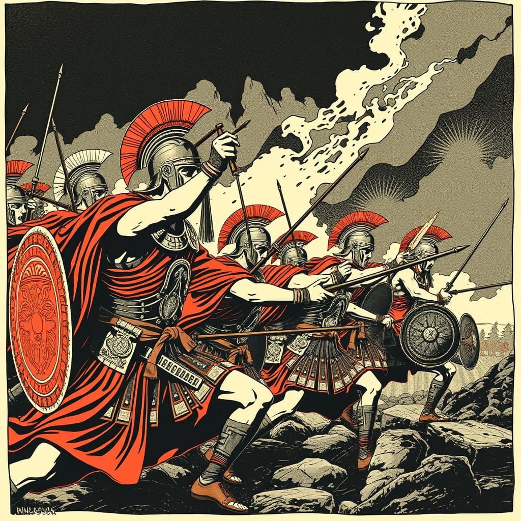 Etruscan Warriors Clash: Linocut Sci-Fi Battle