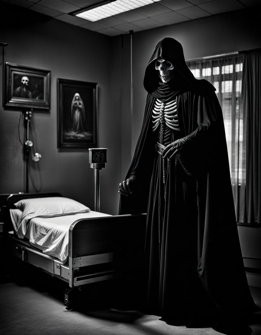 Grim Reaper in Hospital: Vintage Black and White Portrait