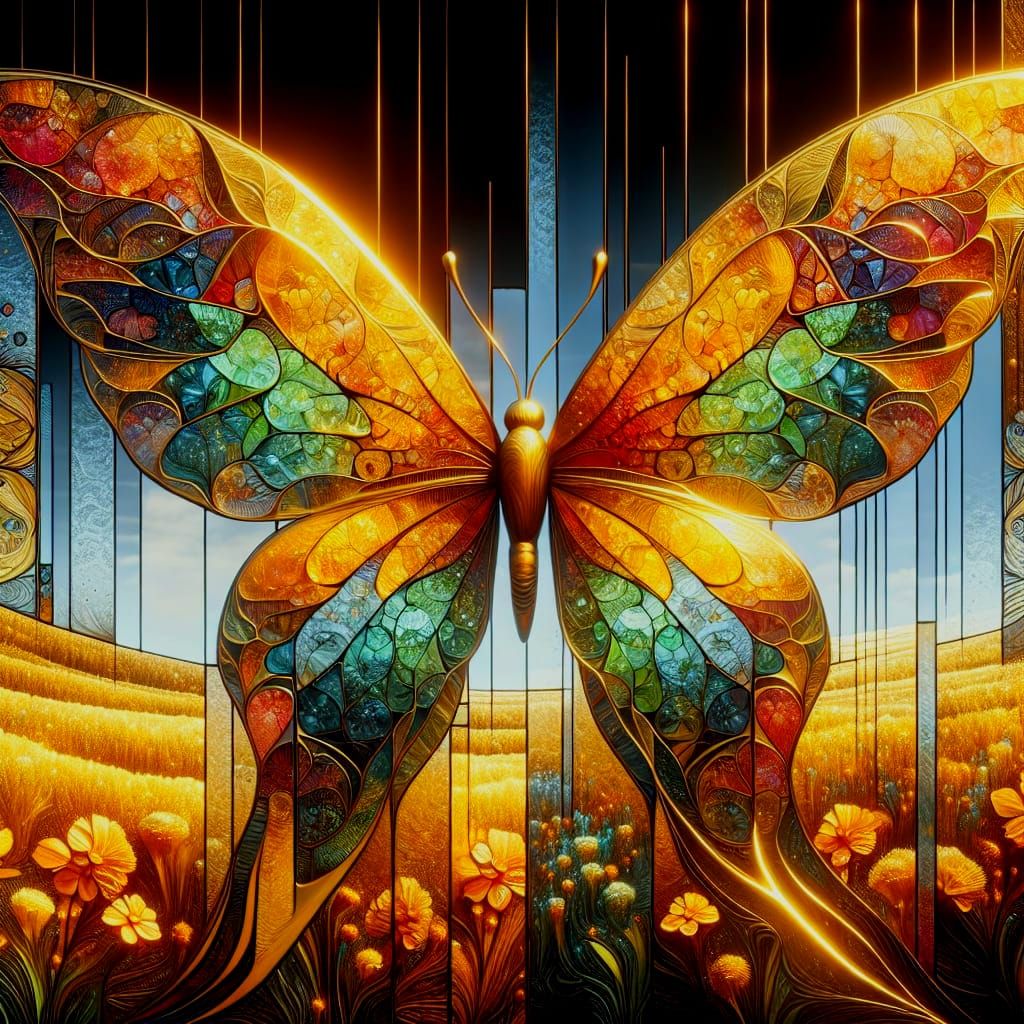 Melting Gold Butterfly in Stained Glass: Fantasy Art