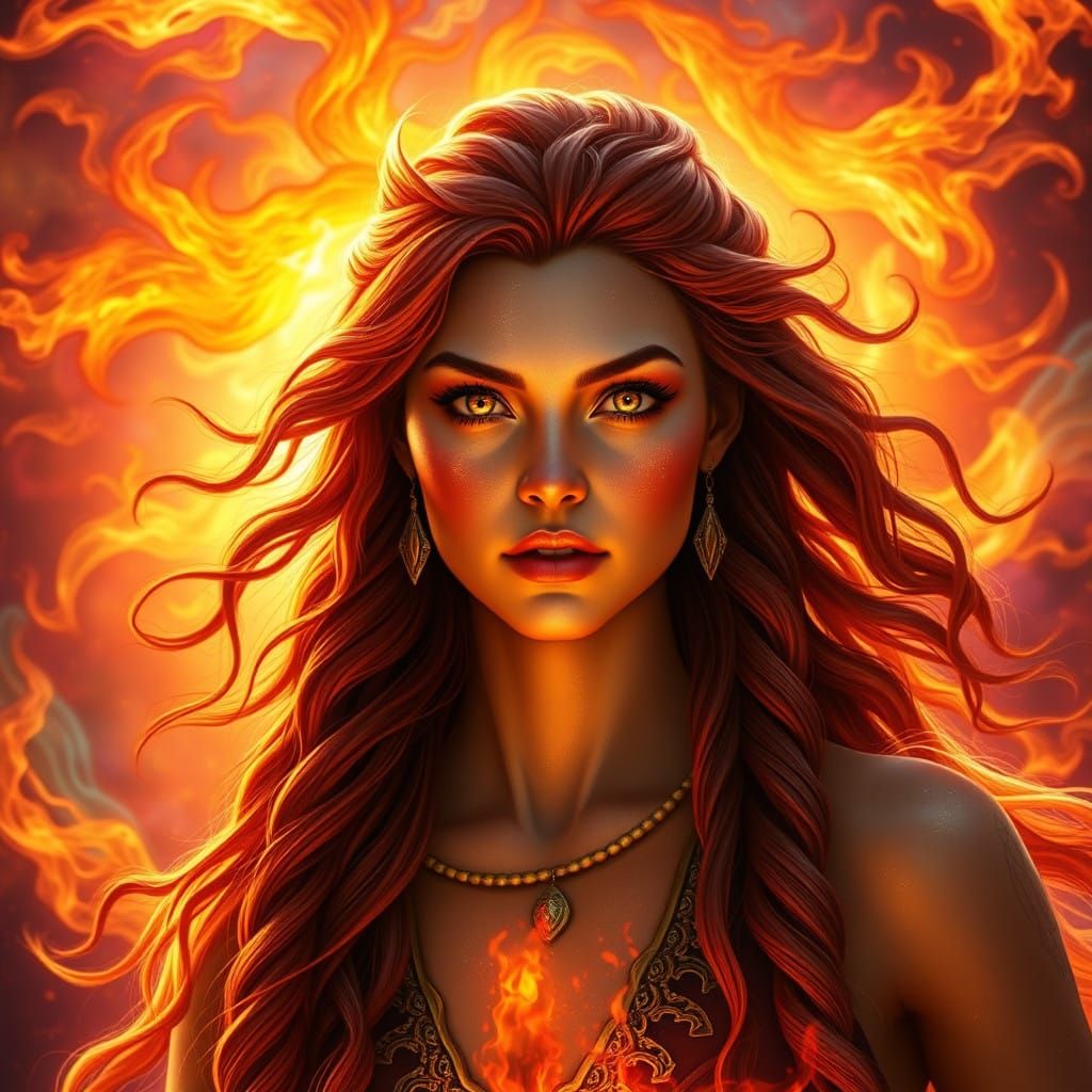 Fiery Goddess Brigid Stands Tall in Vivid Hyperrealism