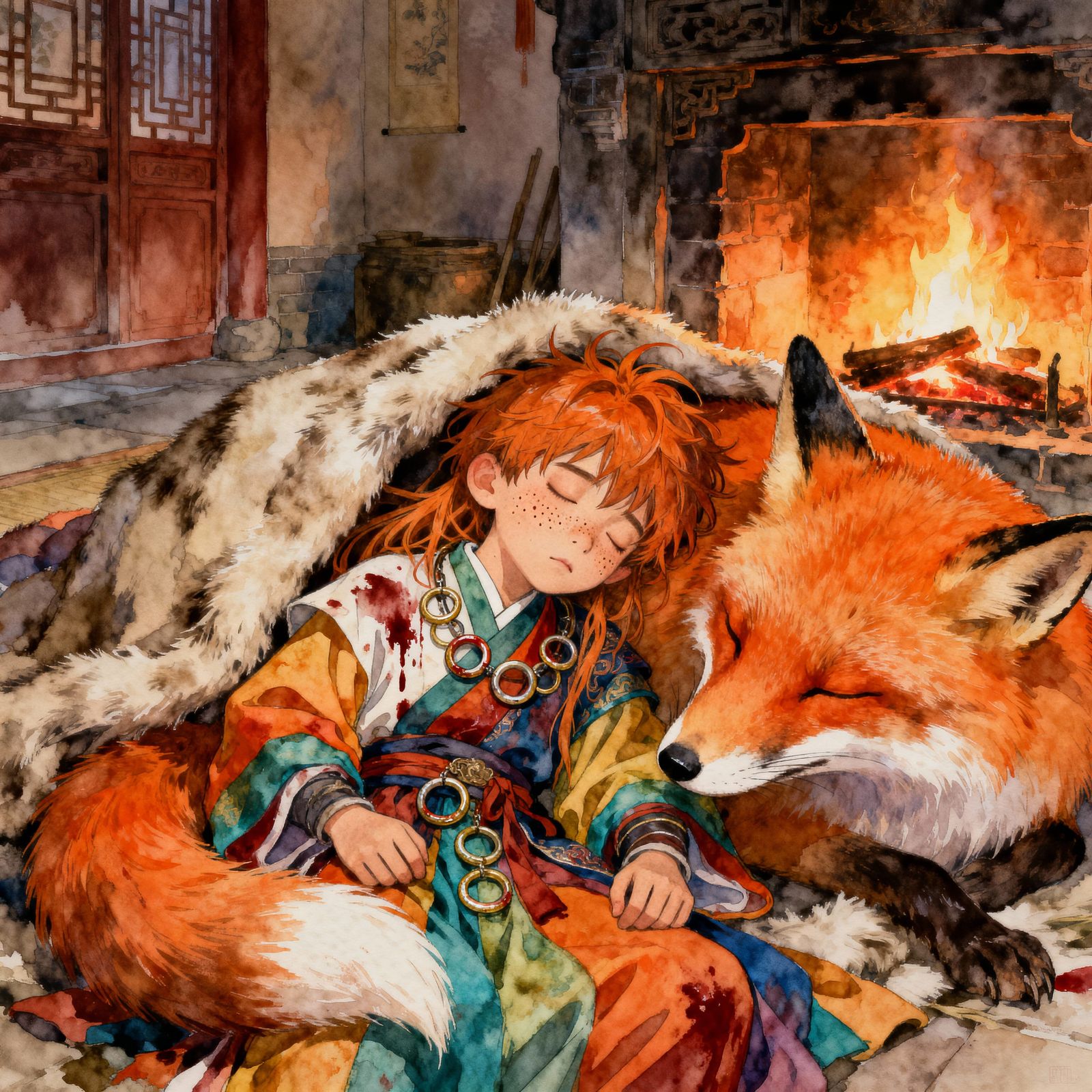 Sad Boy Sleeping with Fox in Watercolor Style