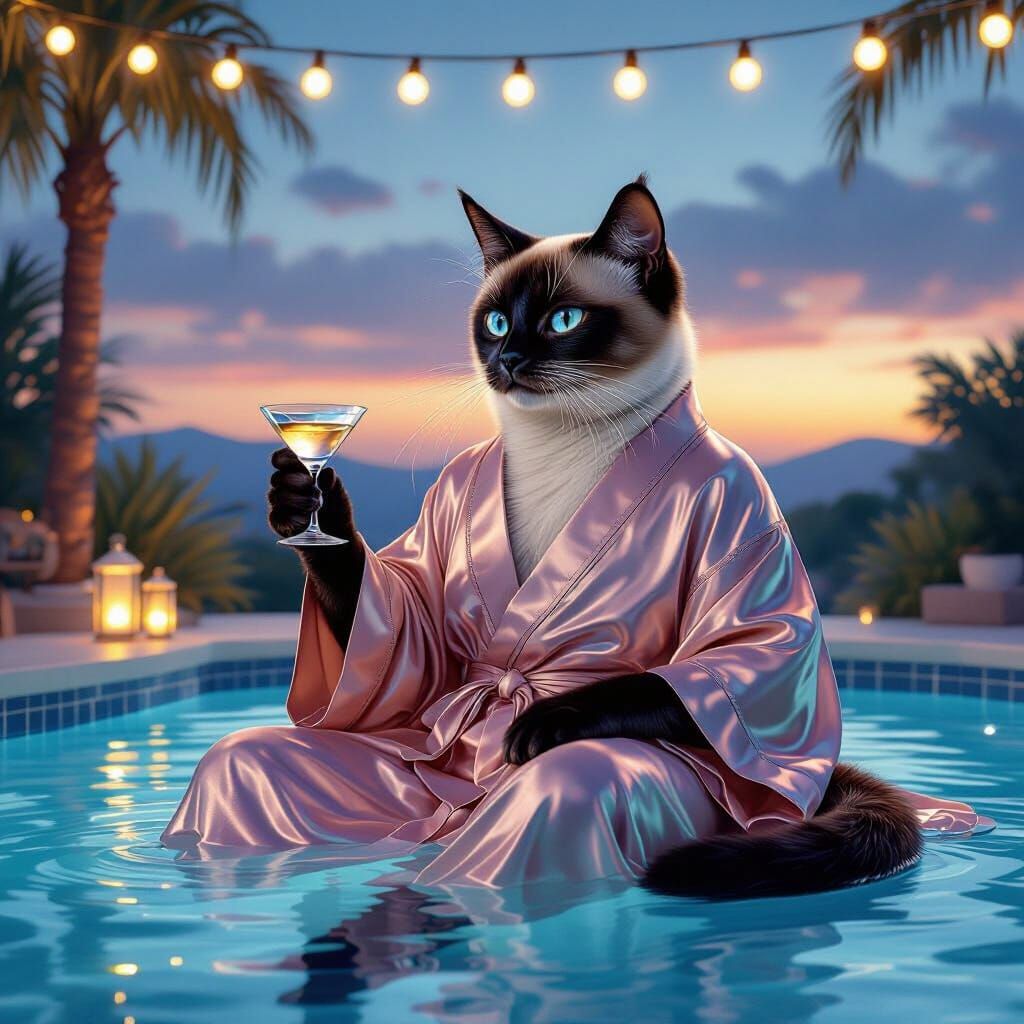 Giant Siamese Cat Enjoys Martini by Pool at Twilight