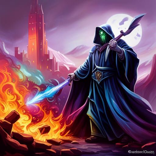 Surreal Wizard and Warlock Clash in a Vibrant, High-Contrast...
