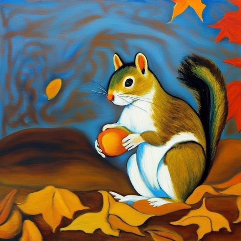 Squirrel with an acorn in its front paws surrounded by dry autumn leaves Pablo Picasso impressionism surrealism pastels ...