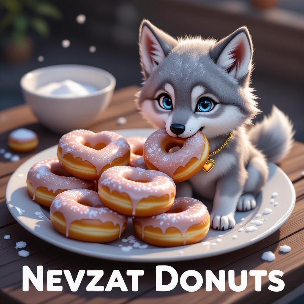 Wolf Cub Enjoys Heart Donuts on Wooden Surface