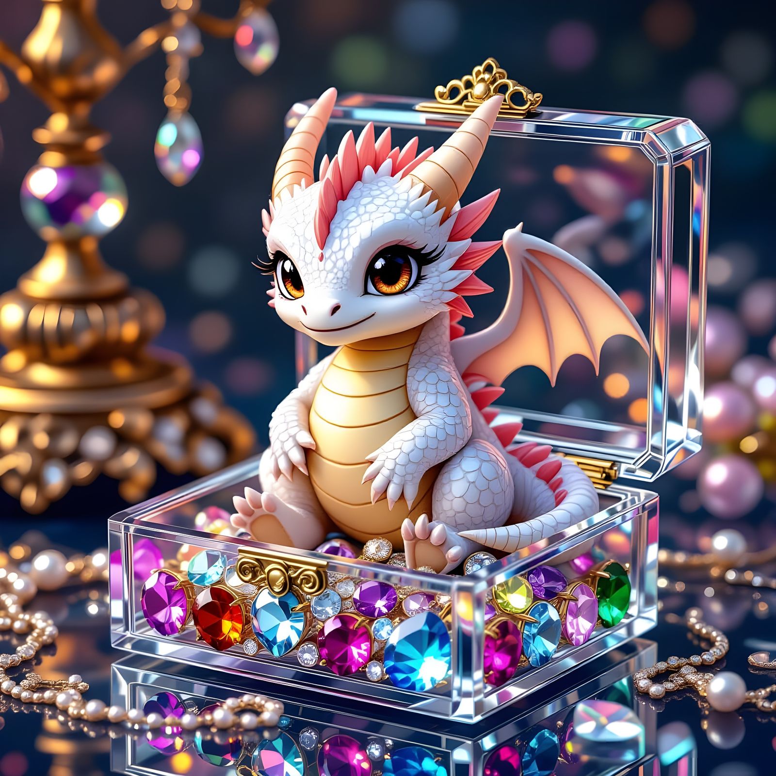 White Baby Dragon in Jewelry Box: 3D Anime Art
