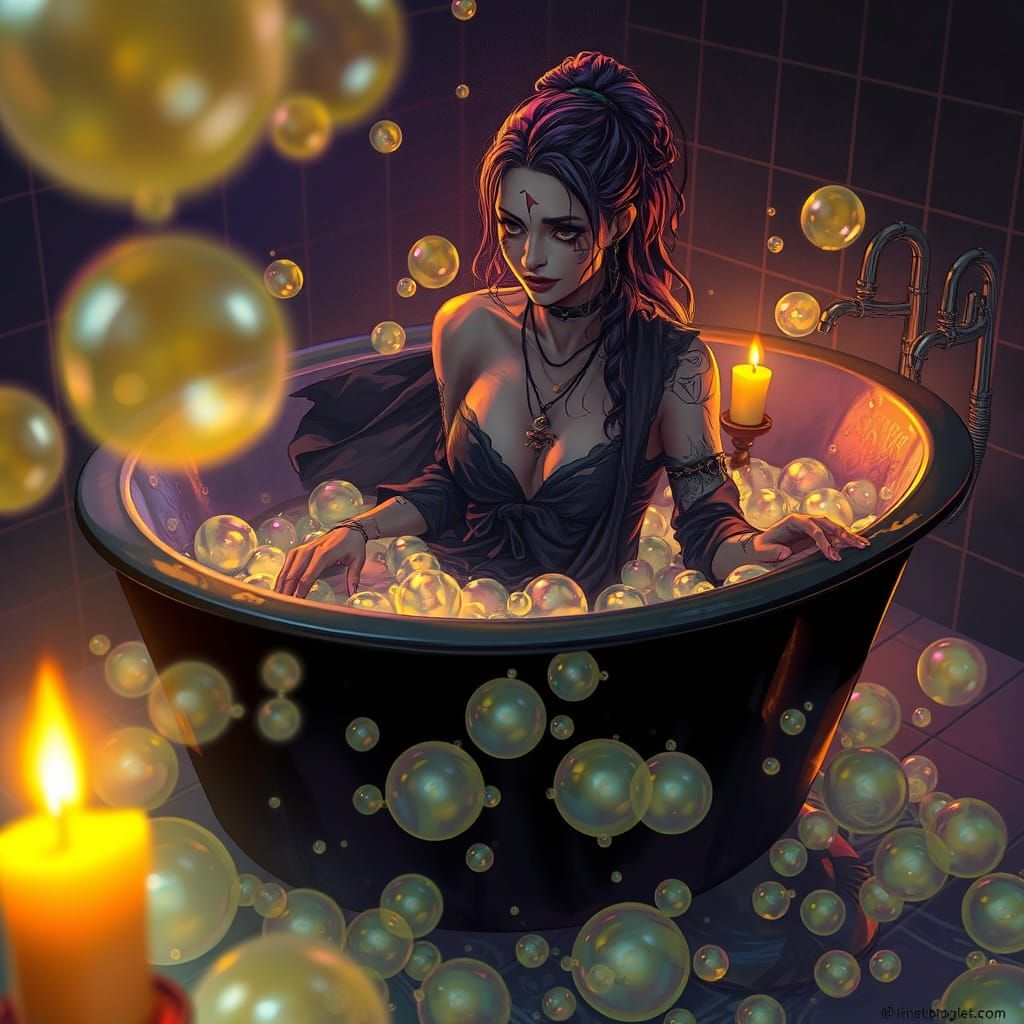 Mystical Woman in Glowing Bathtub: Dark Fantasy Art
