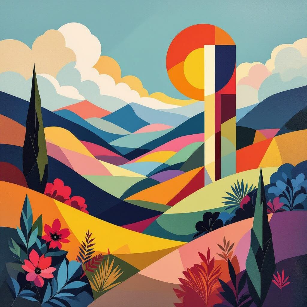Geometric Landscape in Cubist Art Deco Style