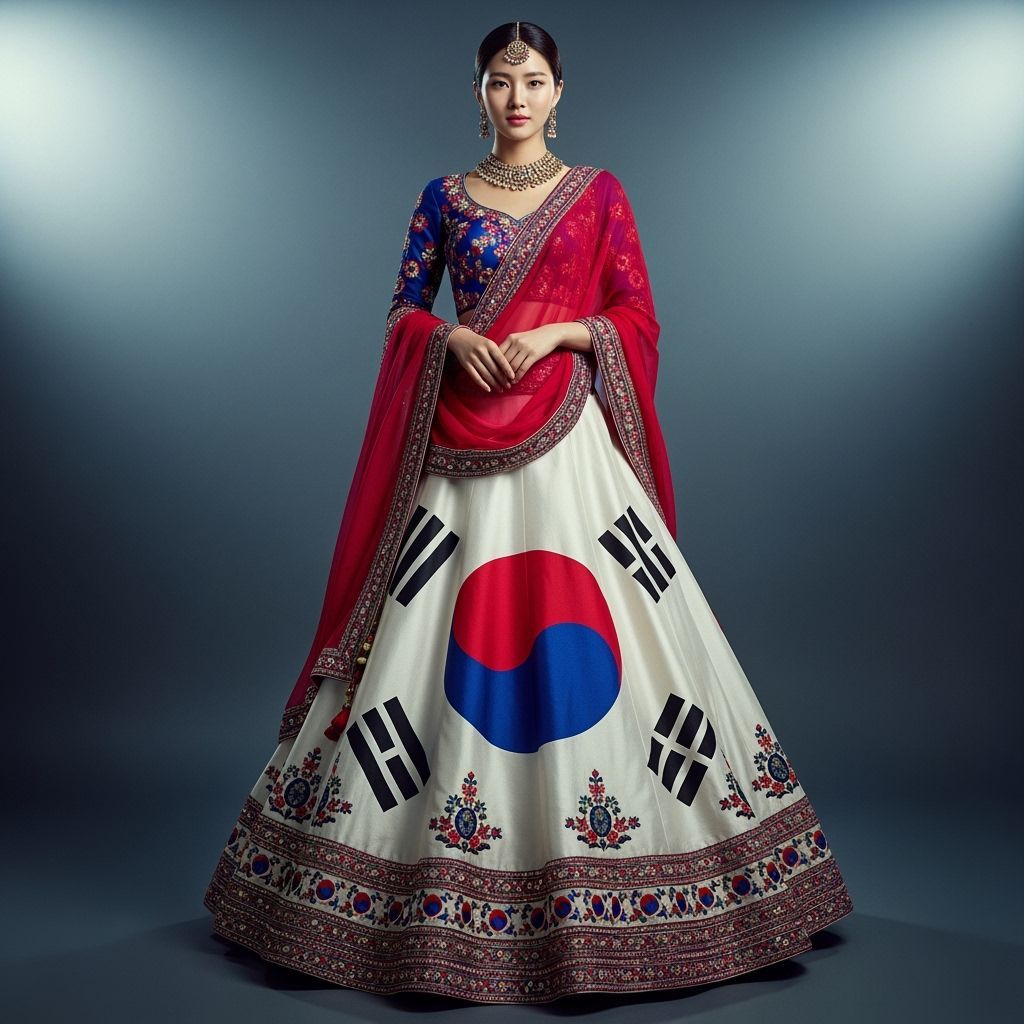 Elegant Korean Woman in South Korean Flag Lehenga