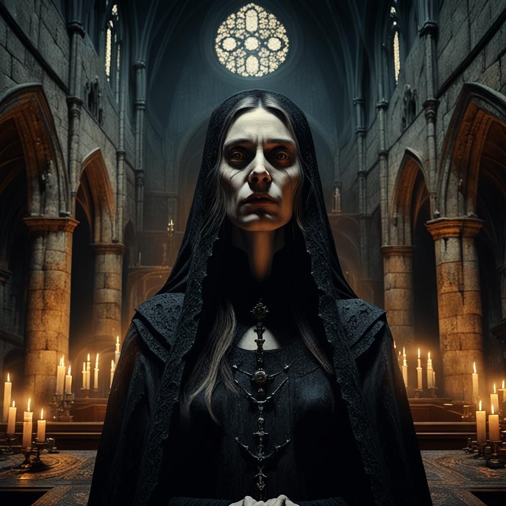 Dark Fantasy Portrait of a Witch in a Gothic Church