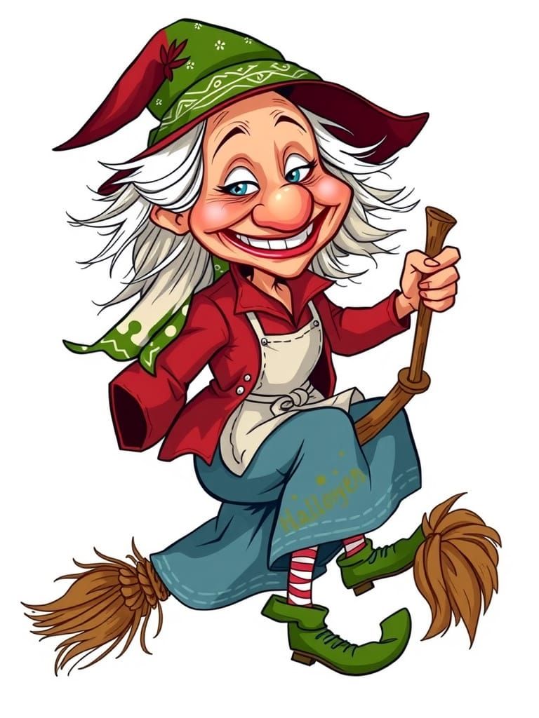 Whimsical Witch Rides Broomstick in Traditional Cartoon Styl...