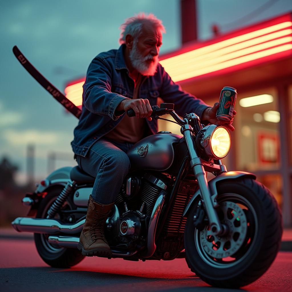 Elderly Latino Swordsman Riding Patinete at Sunset