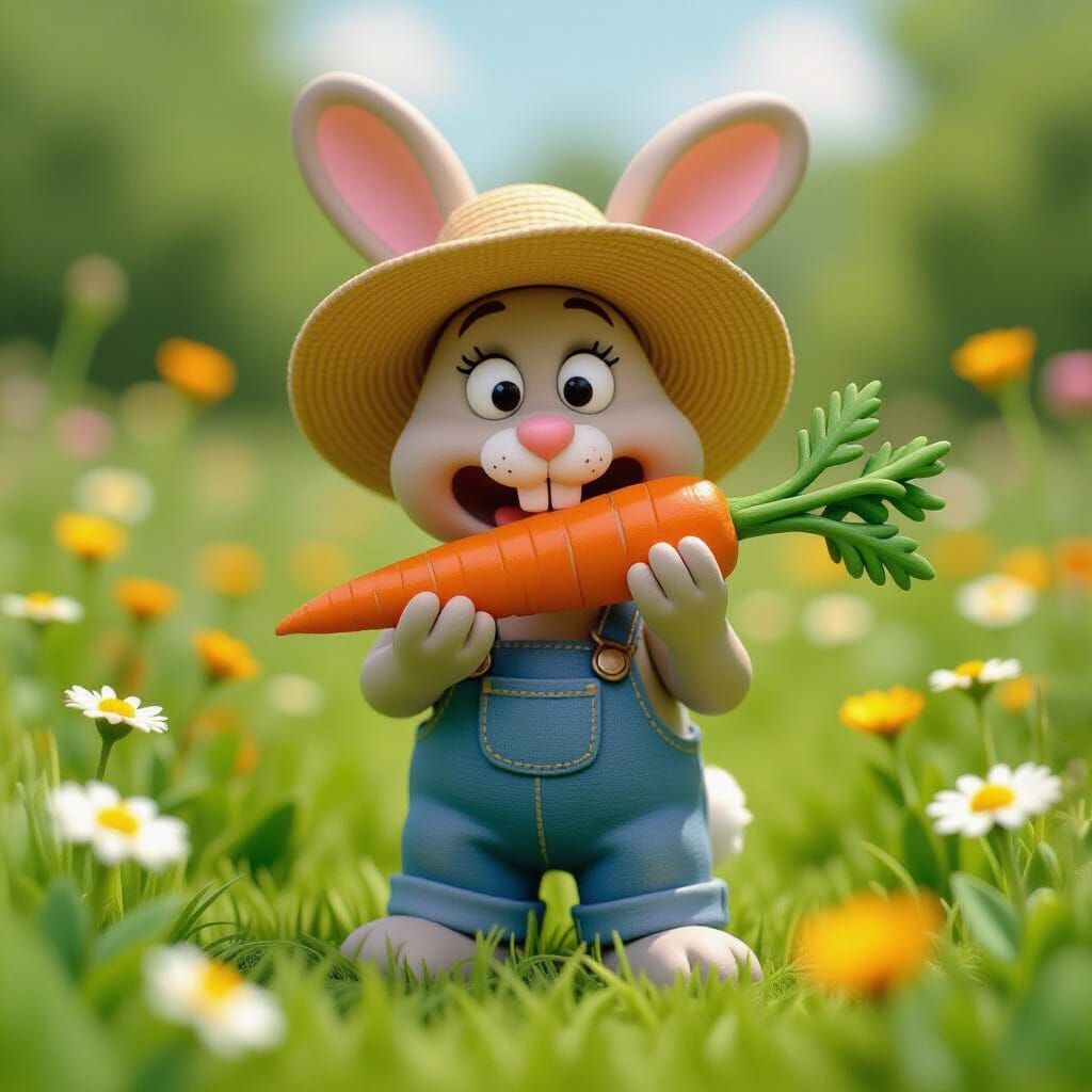 Claymation Bunny Rabbit in Meadow with Carrot