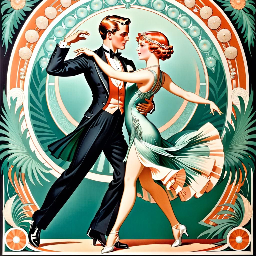 Elegant Couple Dancing Charleston in Art Deco Poster Style