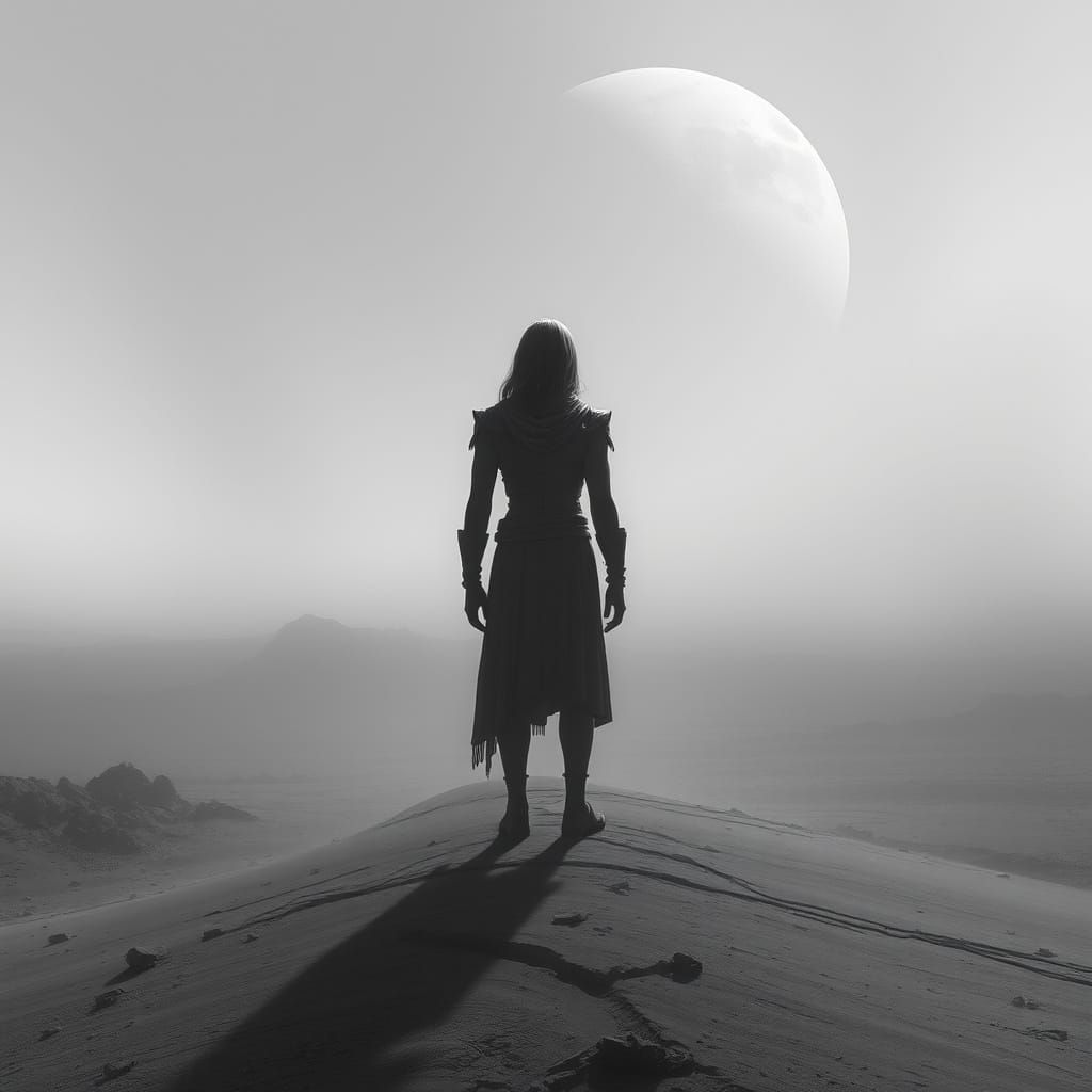 Nostalgic Futuristic Figure in a Monochromatic Wasteland