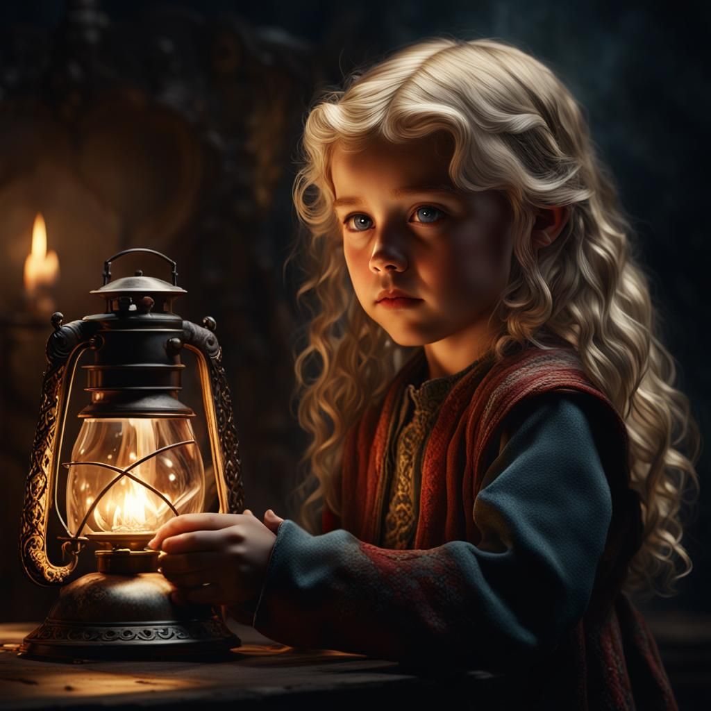Mysterious Child Illuminated by Oil Lamp in Darkened Fantasy...