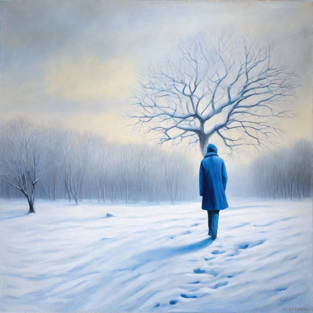Surrealist Oil Painting of a Lone Figure in a Snowy Landscap...