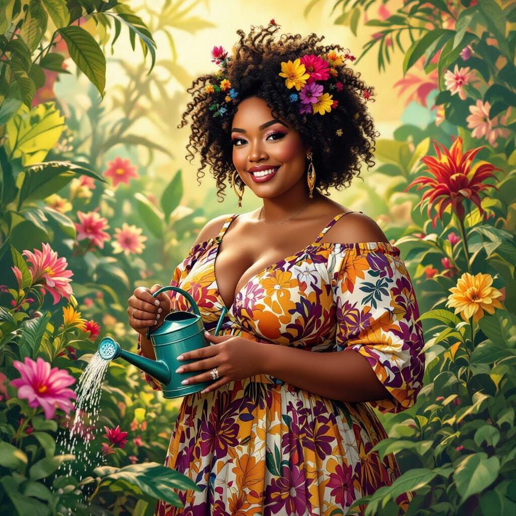 Radiant Woman in Afro-Futuristic Garden