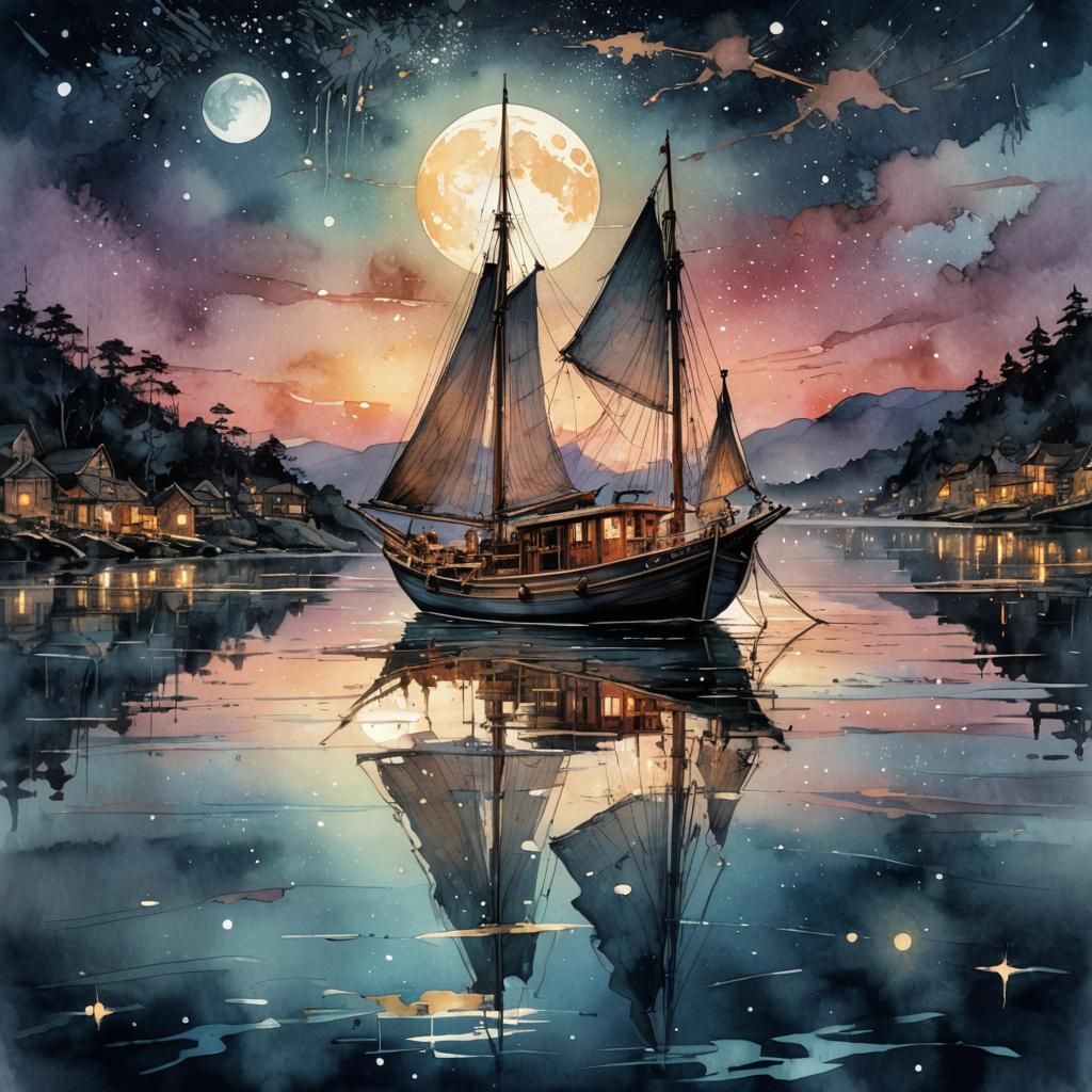 Ethereal Nighttime Scene in Dreamy Watercolor Style