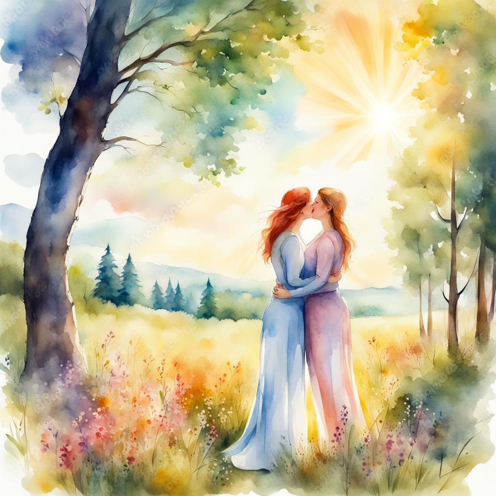 Romantic Watercolor Scene of Two Women Under Summer Trees