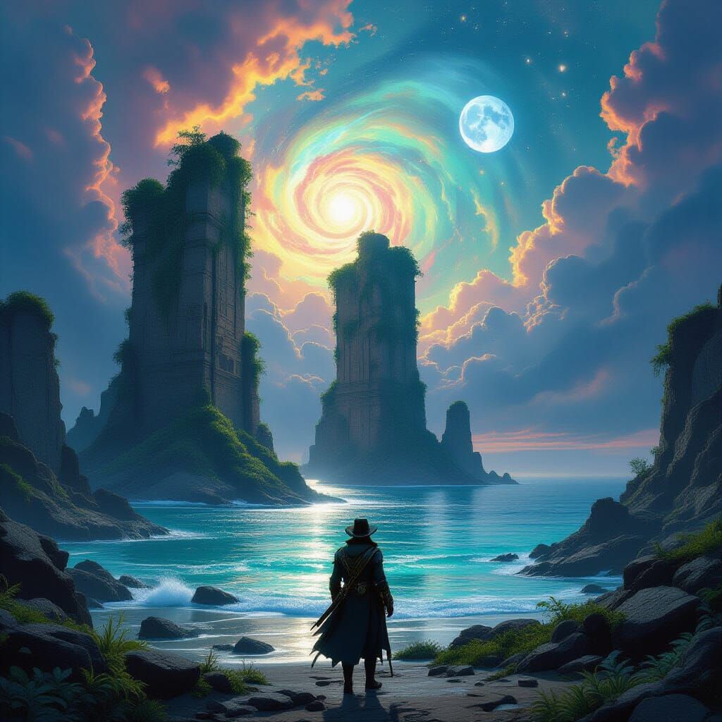 Steampunk Explorer Amidst Alien Ruins and Nebula Sky