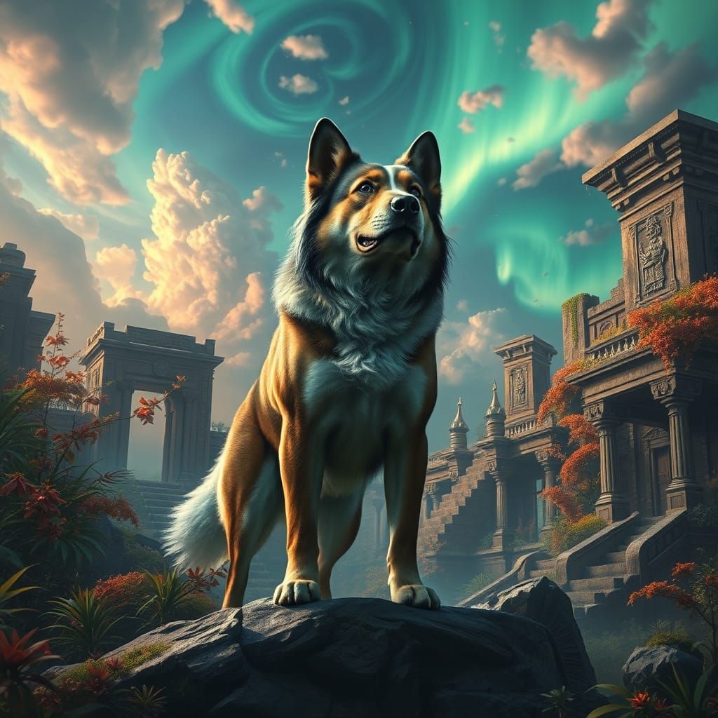 Majestic Dog Amidst Ancient Ruins in a Fantastical Landscape