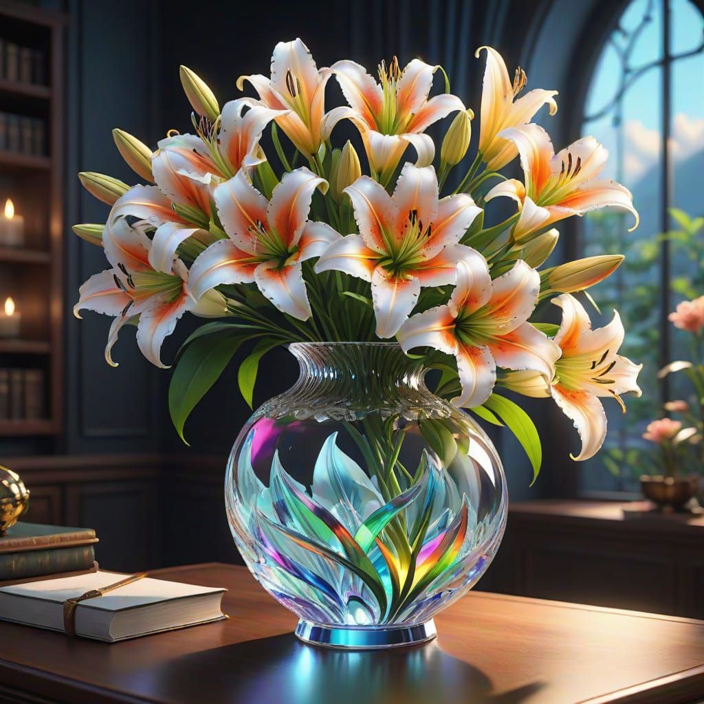 Majestic Lilies in Crystal Vase, in 3D Anime Art Style