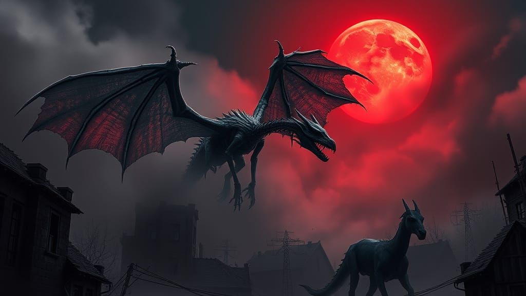 Skeletal Dragon Over Haunted Town Under Blood Moon