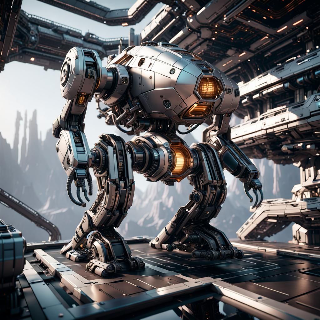 Epic Sci-Fi Mech Amidst Futuristic Space Station