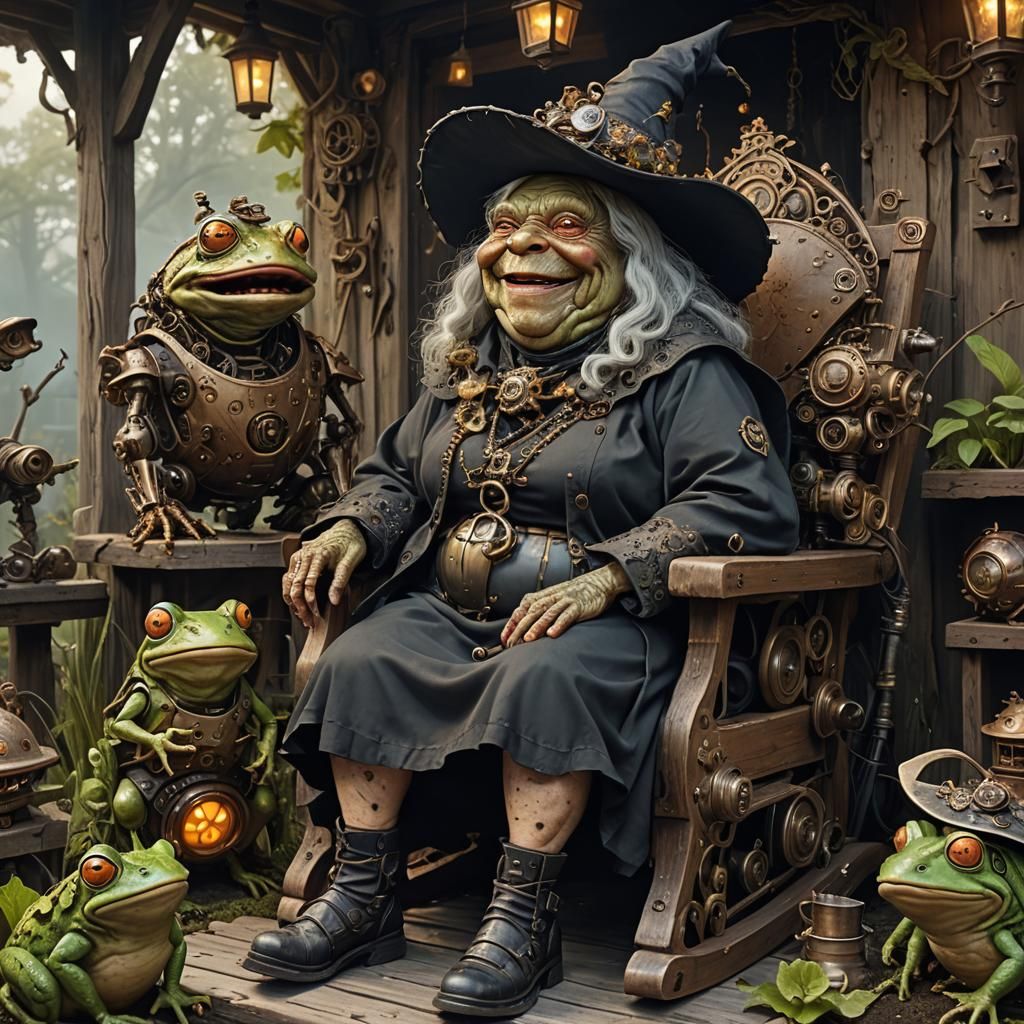 Whimsical Witch in Swampy Sanctum, with Cyborg Toad Companio...