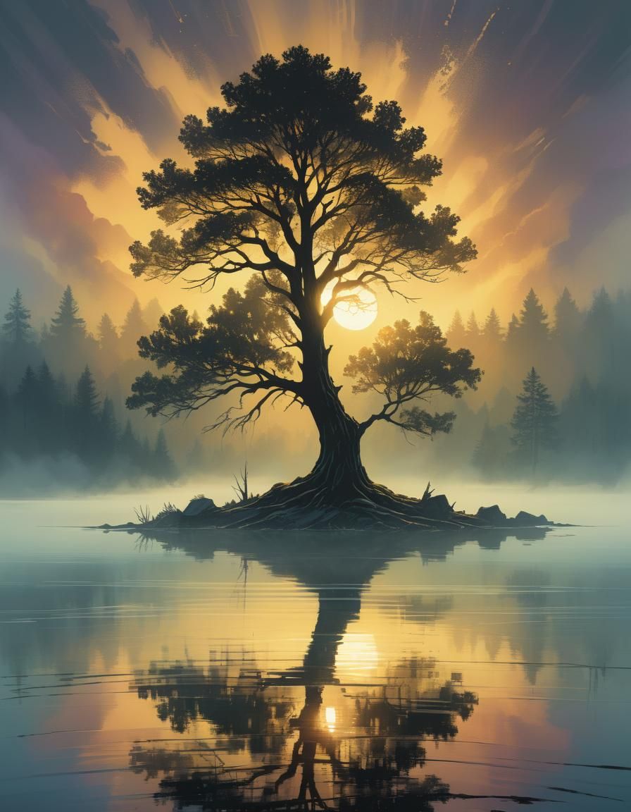 Lone Tree Silhouetted Against a Golden Hour Sky