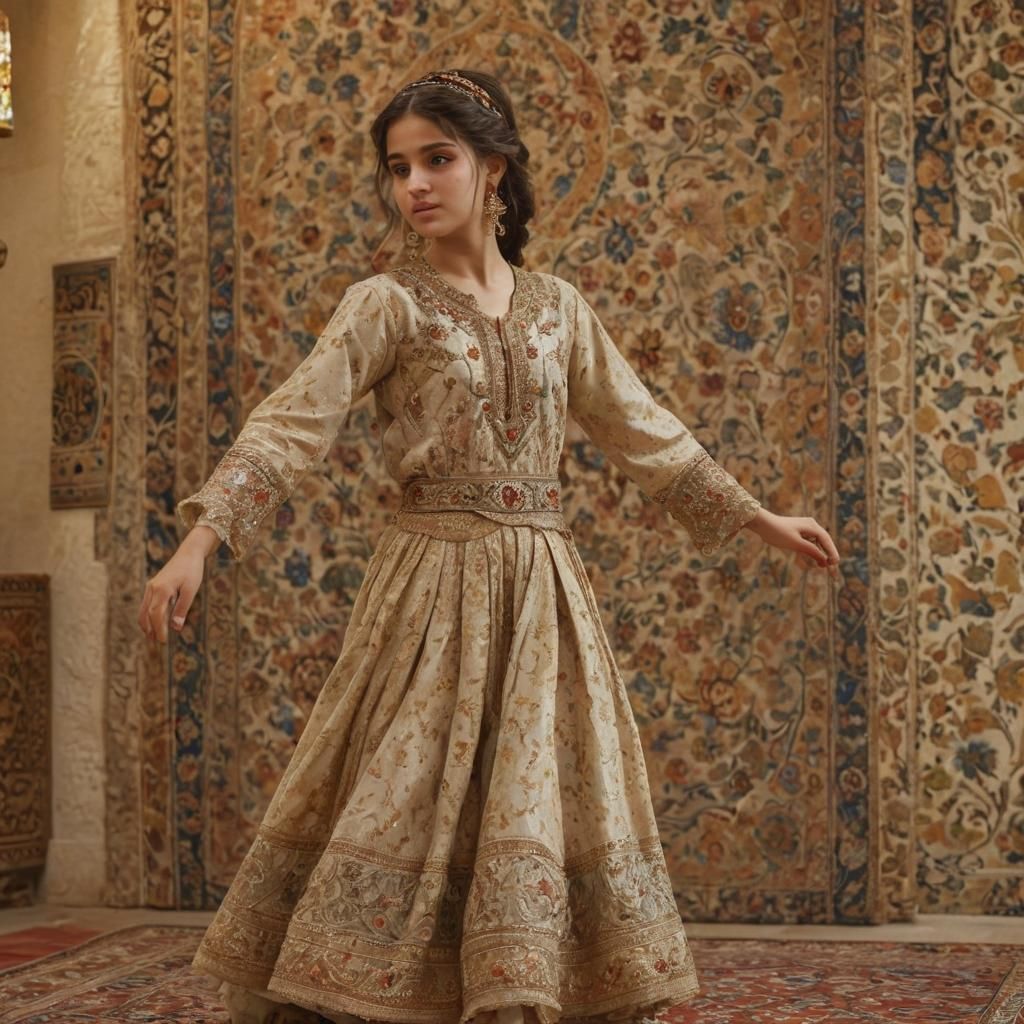Elegant Iranian Girl Dancing on Persian Carpet in Warm Golde...