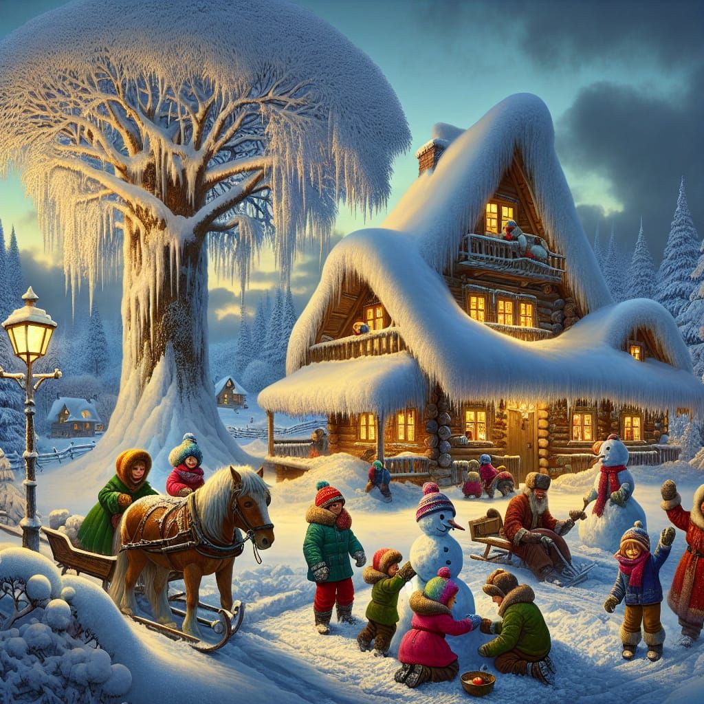Cheerful Winter Village Scene with Children Building Snowman...