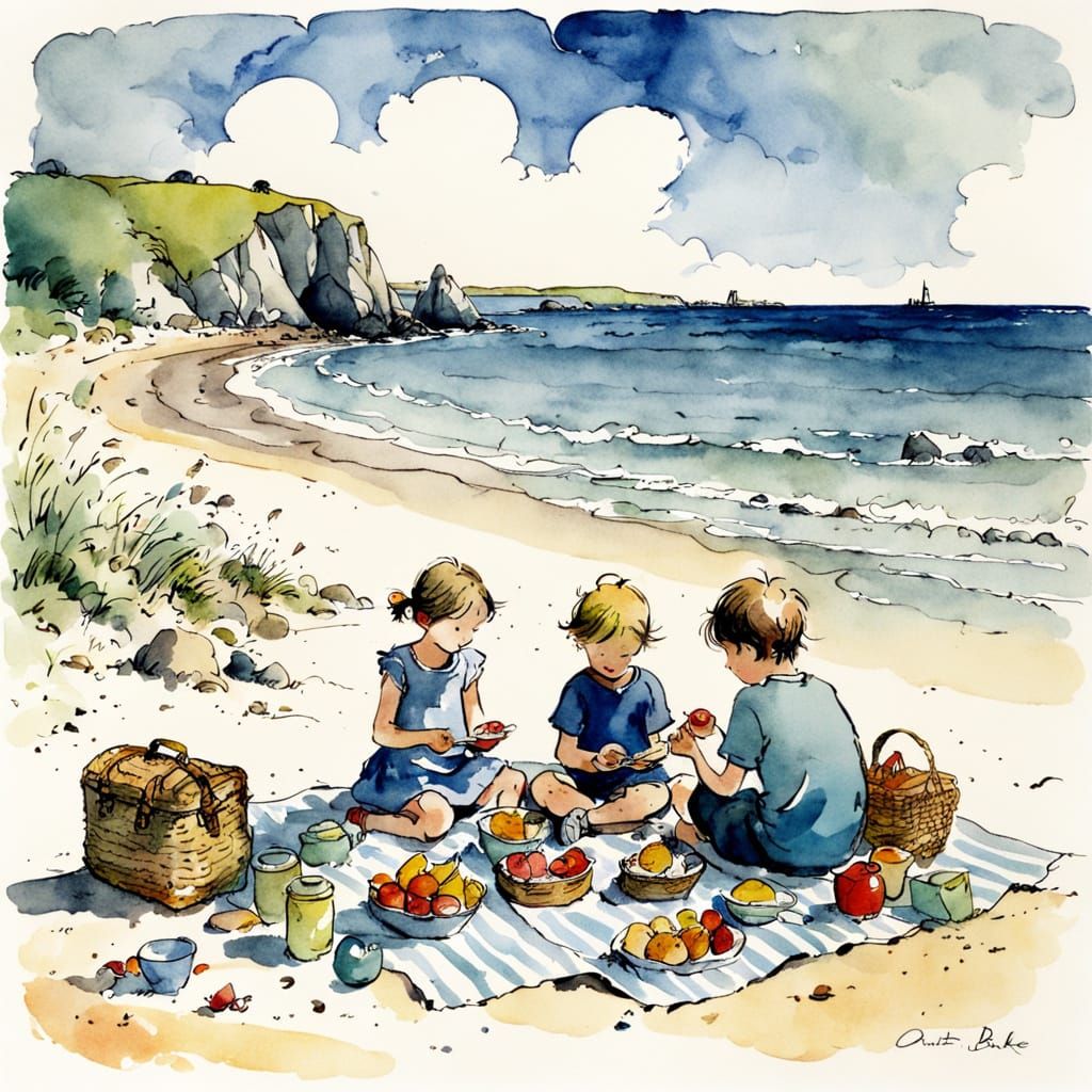 Whimsical Beach Picnic in Watercolor Style
