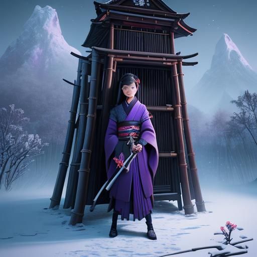 Exquisite Asian Woman on Bamboo Bridge, Snowy Mountains in C...