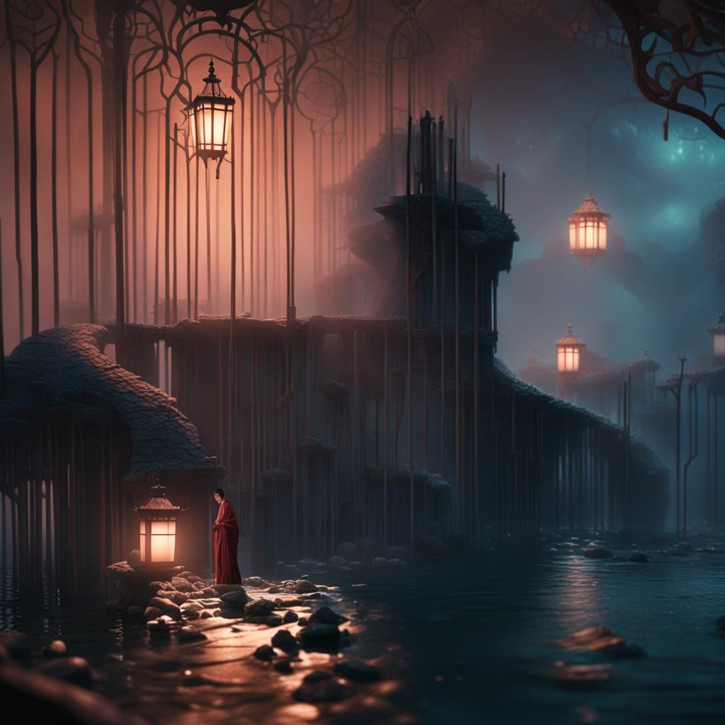 Mystical Nighttime Spa Scene in Dark, Velvety Textures