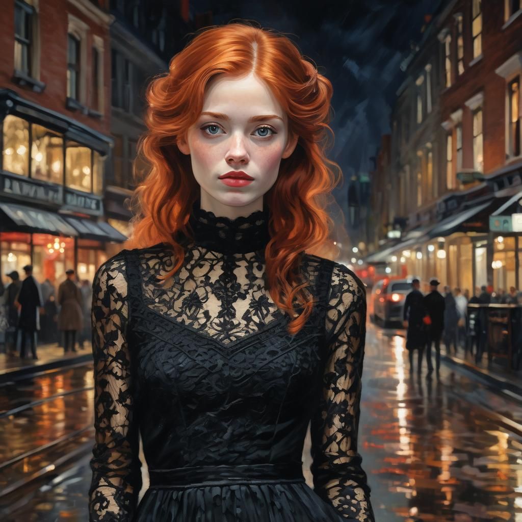 Impressionist Lady in Victorian Elegance at Nighttime