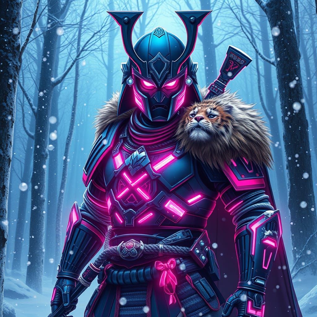 Futuristic Samurai in Snowy Forest with Neon Armor and Tiger...