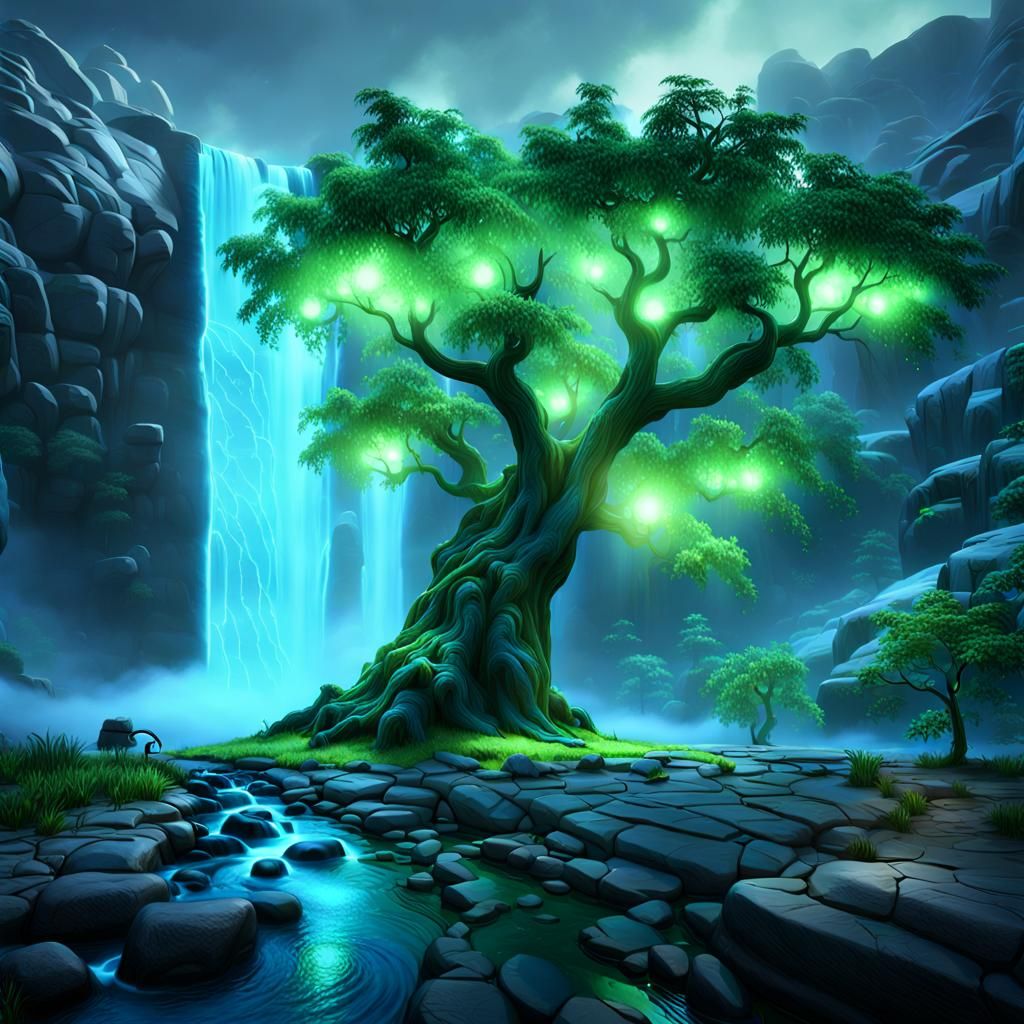 mammut tree with water fall, lighting green blue, unreal eng...