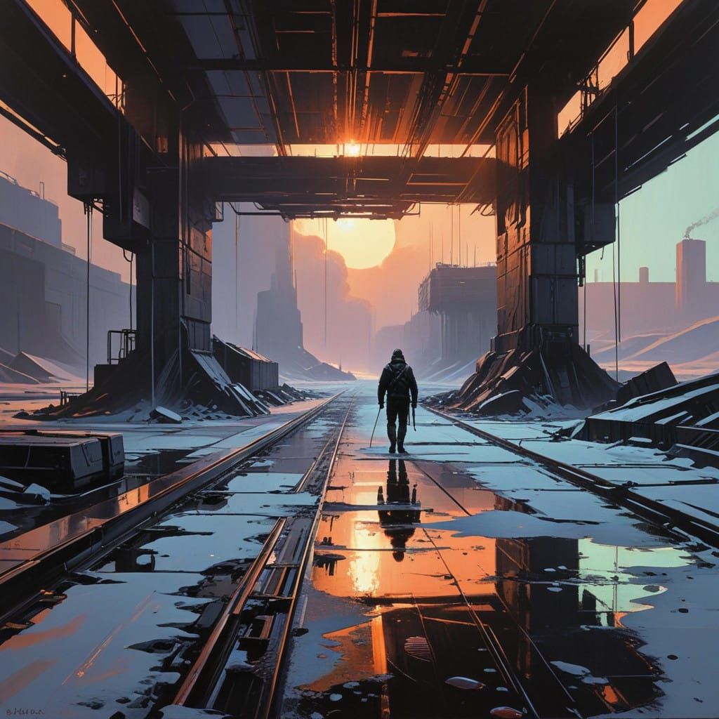 Gritty Post-Apocalyptic Landscape in Monochromatic Impasto