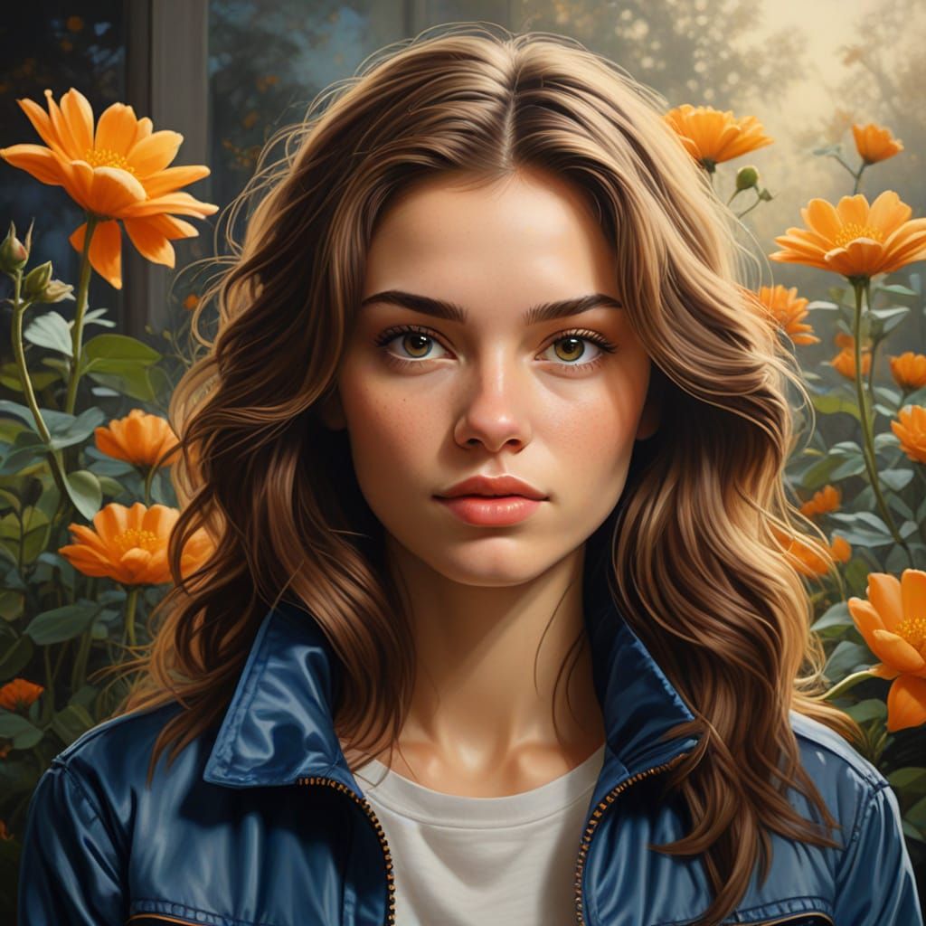 Realistic Portrait Painting of Woman with Orange Flowers