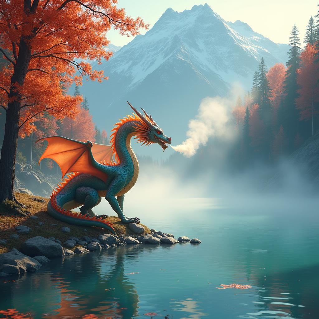 Dragon blowing smoke rings out over a lake in front of a mou...