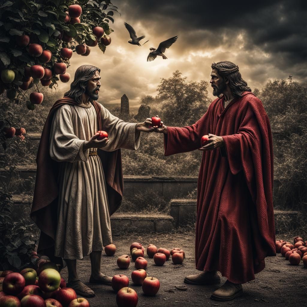 Jesus Tempts Satan with an Apple in Hyperrealistic Glory